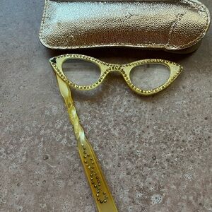 Vintage Folding Lorgnette Opera / Reader Glasses. Golden lucite w/rhinestones.